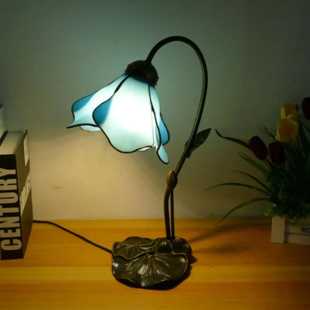 8inch 20cm Stained Glass Blue Lotus Lampshade Vintage Tiffany Table Lamp - CTL