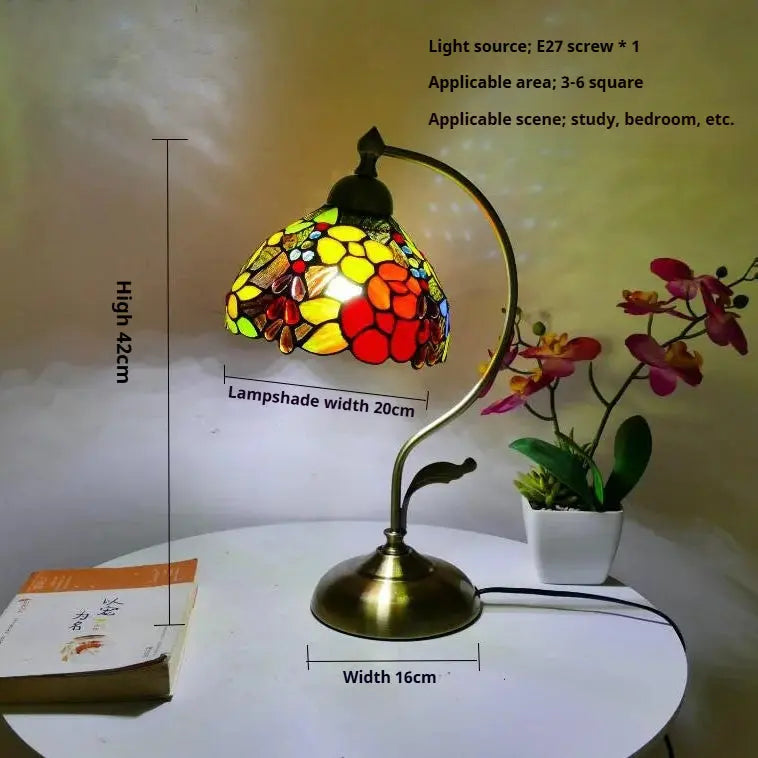8inch Stained Glass Flowers Lampshade Vintage Curved Bedside Light Tiffany Desk Lamp - CTL