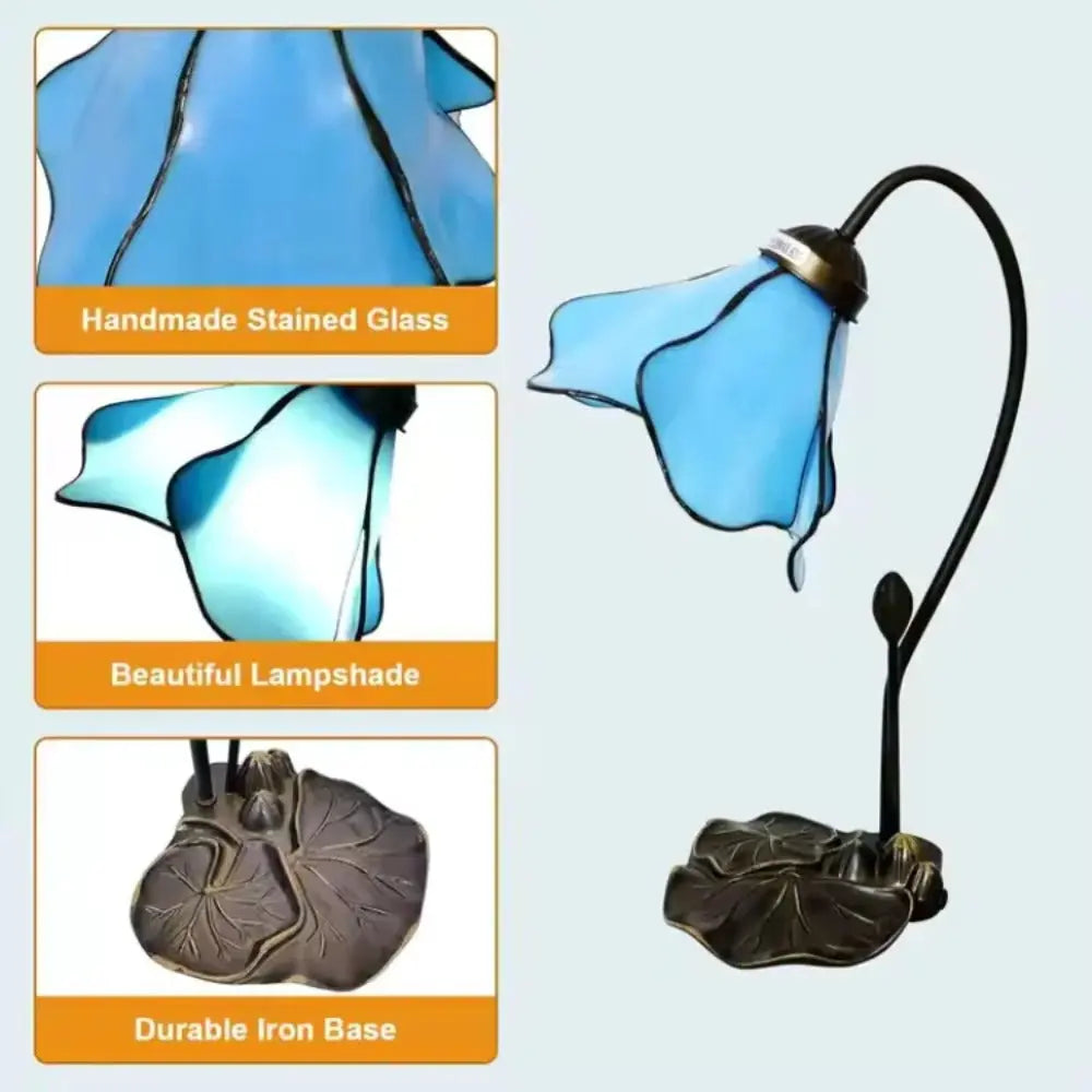 8inch 20cm Stained Glass Blue Lotus Lampshade Vintage Tiffany Table Lamp - CTL