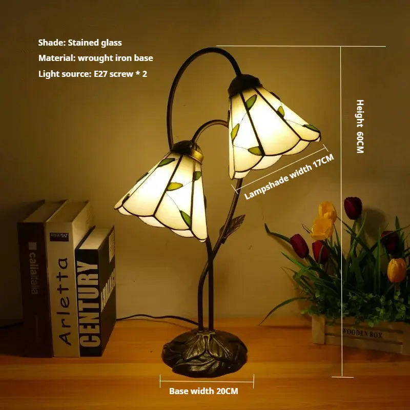 Vintage Stained Glass Flower Leaf Floral Lampshade Tiffany Desk Lamp - CTL