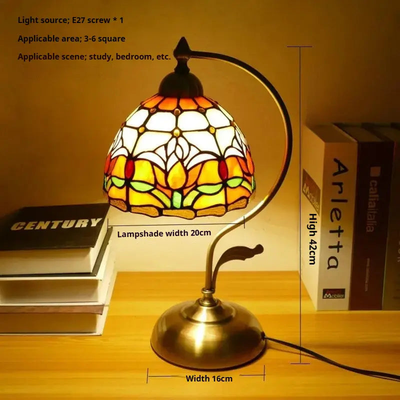 8inch Stained Glass Flowers Lampshade Vintage Curved Bedside Light Tiffany Desk Lamp - CTL