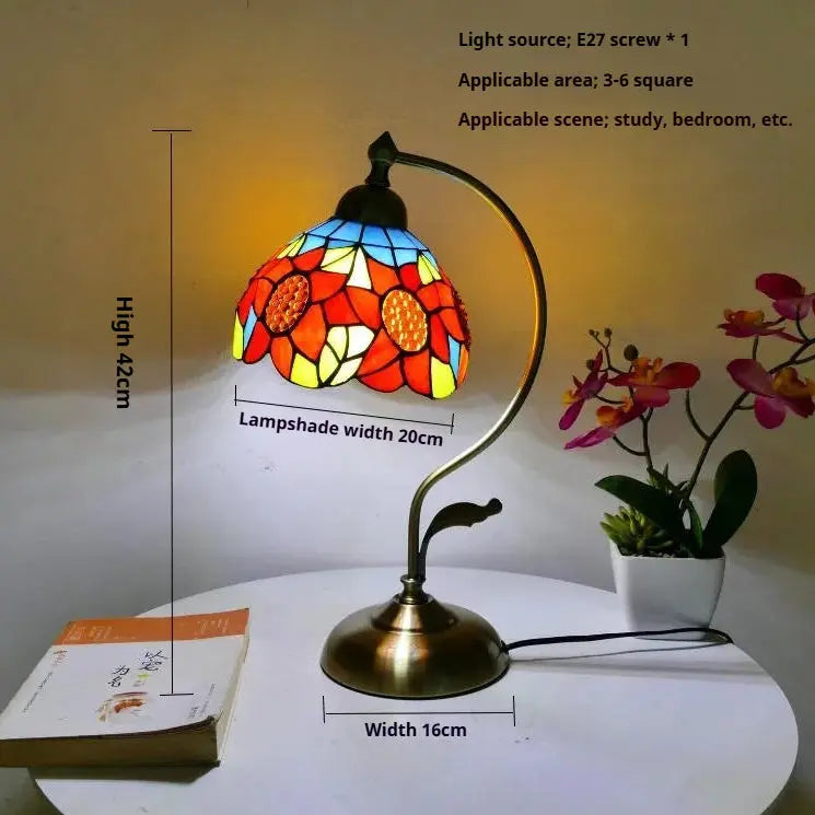 8inch Stained Glass Flowers Lampshade Vintage Curved Bedside Light Tiffany Desk Lamp - CTL
