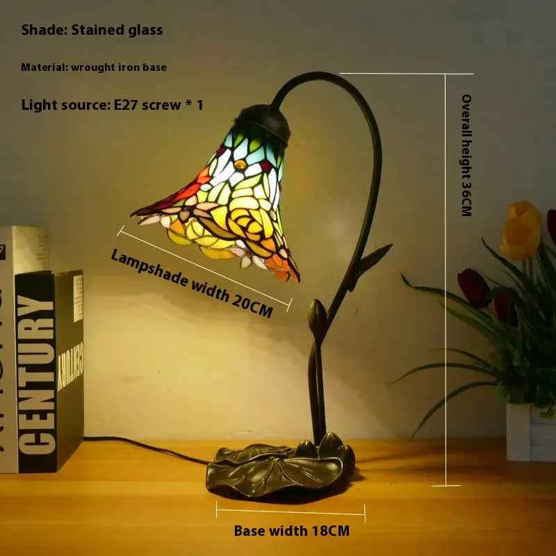 8inch 20cm Stained Glass Blue Lotus Lampshade Vintage Tiffany Table Lamp - CTL