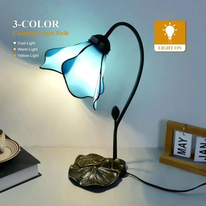 8inch 20cm Stained Glass Blue Lotus Lampshade Vintage Tiffany Table Lamp - CTL