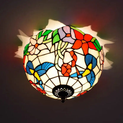 12inch Handmade Stained Glass Bird Floral Tiffany Lights Ceiling Lamp - CTL