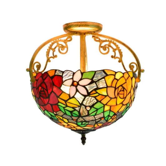 12inch Handmade Stained Glass Rose Lampshade Tiffany Lights Ceiling Lamp - CTL