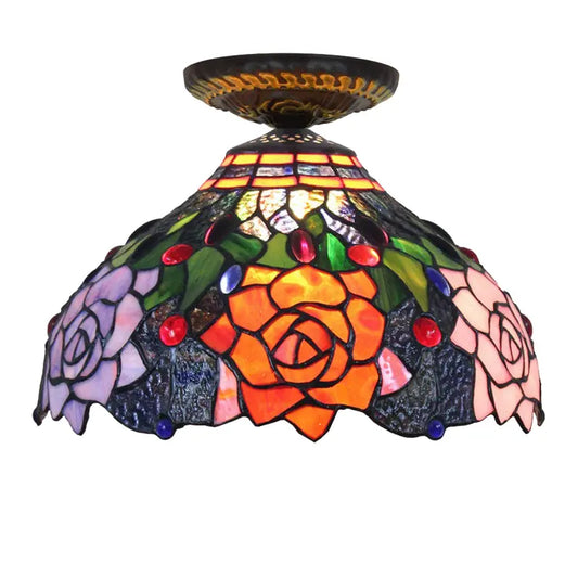 12inch Stained Glass Rose Flower Handmade Tiffany Lights Ceiling Lamp - CTL