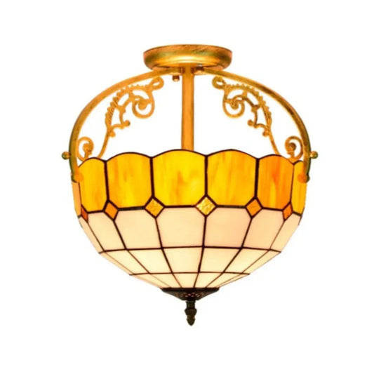 12inch Stained Glass Yellow Grid Tiffany Lights Ceiling Lamp - CTL