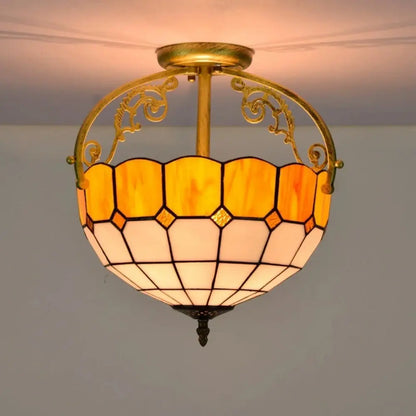 12inch Stained Glass Yellow Grid Tiffany Lights Ceiling Lamp - CTL
