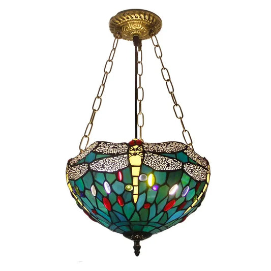 12inch 30cm Retro Stained Glass Green Dragonfly Anti-chandelier Tiffany Pendant Light - CTL