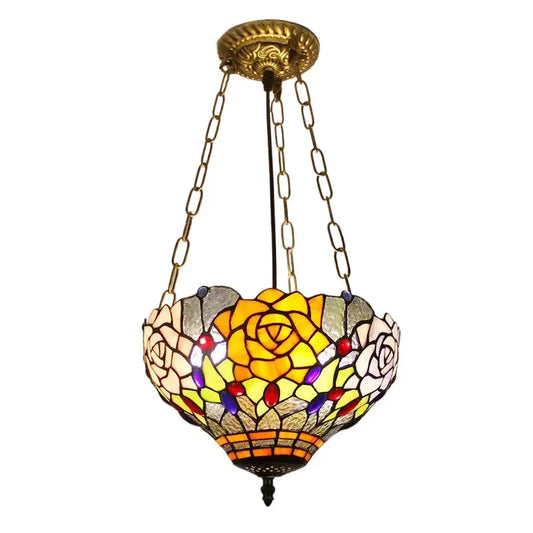 12inch 30cm Retro Stained Glass Pastoral Roses Floral Anti-chandelier Tiffany Pendant Light - CTL