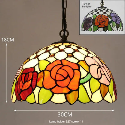 12inch 30cm Stained Glass 3 Colored Roses Lampshade Tiffany Pendant Light - CTL