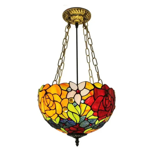 12inch 30cm Stained Glass Bicolor Rose Floral Lampshade Semi Flush Mount Wide Anti-chandelier - CTL