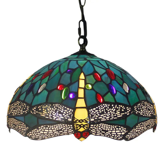 12inch Stained Glass Pendant Light Green Lampshade Tiffany Dragonfly Hanging Lamp - CTL