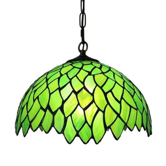 12inch Stained Glass Leaf Lampshade Hanging Lamp Green Tiffany Pendant Light - CTL