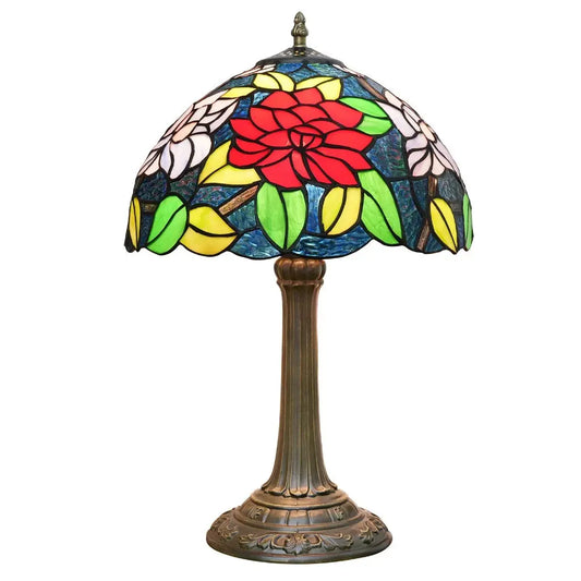 12inch Antique Stained Glass Big Red Roses Lampshade Vintage Tiffany Desk Lamp - CTL