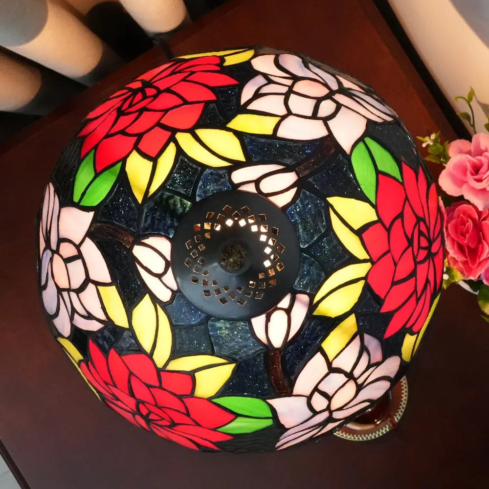12inch Antique Stained Glass Big Red Roses Lampshade Vintage Tiffany Desk Lamp - CTL