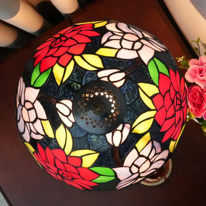 12inch Antique Stained Glass Big Red Roses Lampshade Vintage Tiffany Desk Lamp - CTL