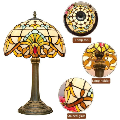 12inch Retro Stained Glass Baroque Lampshade Bedroom Bedside Desk Light Vintage Tiffany Table Lamp - CTL