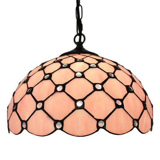 12inch Stained Glass Bead Pink Lampshade Tiffany Dining Room Light Hanging Lamp - CTL