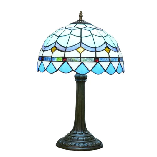 12inch Stained Glass Blue Mediterranean Feathers Lampshade Vintage Tiffany Desk Lamp - CTL