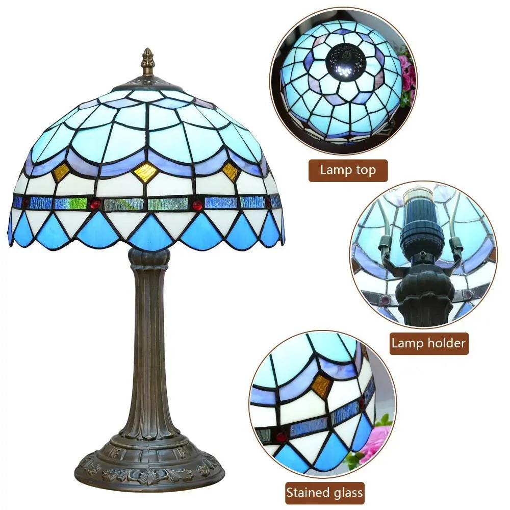 12inch Stained Glass Blue Mediterranean Feathers Lampshade Vintage Tiffany Desk Lamp - CTL