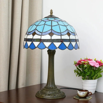 12inch Stained Glass Blue Mediterranean Feathers Lampshade Vintage Tiffany Desk Lamp - CTL