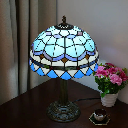 12inch Stained Glass Blue Mediterranean Feathers Lampshade Vintage Tiffany Desk Lamp - CTL