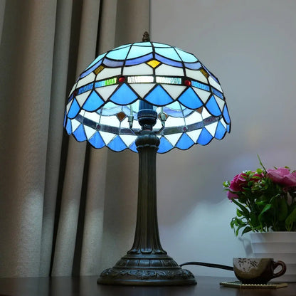 12inch Stained Glass Blue Mediterranean Feathers Lampshade Vintage Tiffany Desk Lamp - CTL