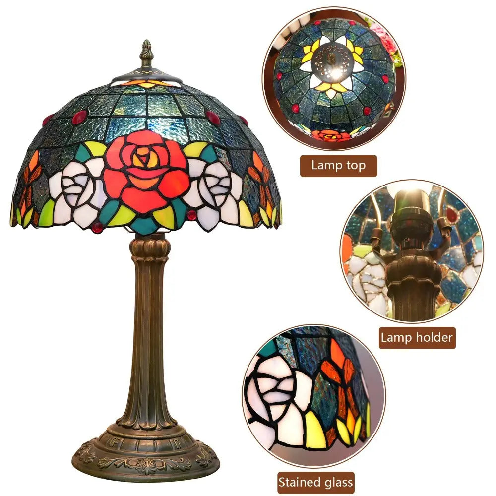 12inch Stained Glass Country Rose Lampshade Vintage Tiffany Desk Lamp - CTL