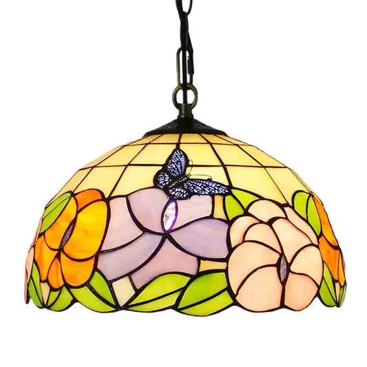 12inch Stained Glass Floral Lampshade Tiffany Style Butterfly Lamp Pendant Light - CTL