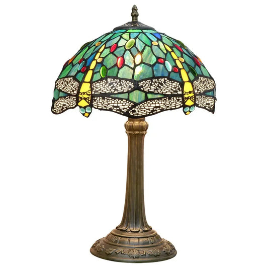 12inch Antique Tiffany Dragonfly Lamp Stained Glass Lotus Lampshade Vintage Desk Light - CTL