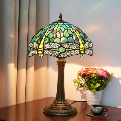 12inch Antique Tiffany Dragonfly Lamp Stained Glass Lotus Lampshade Vintage Desk Light - CTL