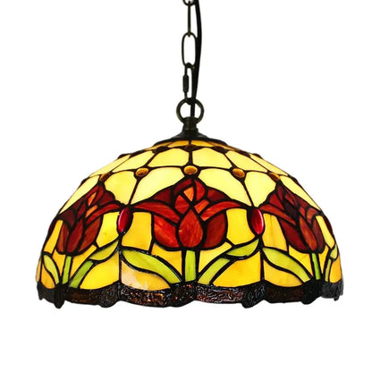 12inch Stained Glass Hanging Lamp Red Tulip Floral Lampshade Tiffany Pendant Light - CTL