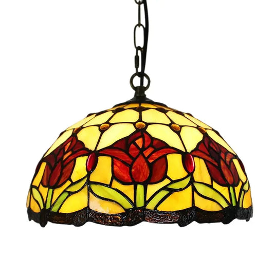 12inch Stained Glass Hanging Lamp Red Tulip Floral Lampshade Tiffany Pendant Light - CTL