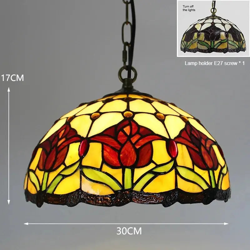 12inch Stained Glass Hanging Lamp Red Tulip Floral Lampshade Tiffany Pendant Light - CTL