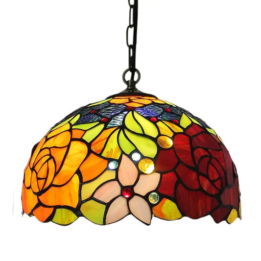 12inch Stained Glass Orange Red Rose Floral Lampshade Tiffany Style Pendant Light - CTL
