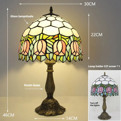 12inch Stained Glass Pastoral Floral Lampshade Tiffany Vintage Desk Lamp - CTL
