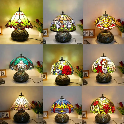 12inch Stained Glass Pattern Floral Lampshade Vintage Tiffany Style Table Lamps - CTL