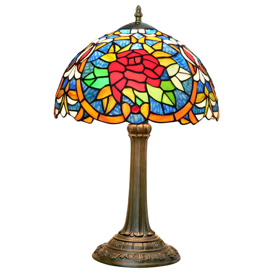 12inch Stained Glass Red Roses Lampshade Bedside Light Vintage Tiffany Style Desk Lamp - CTL