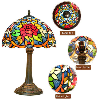 12inch Stained Glass Red Roses Lampshade Bedside Light Vintage Tiffany Style Desk Lamp - CTL
