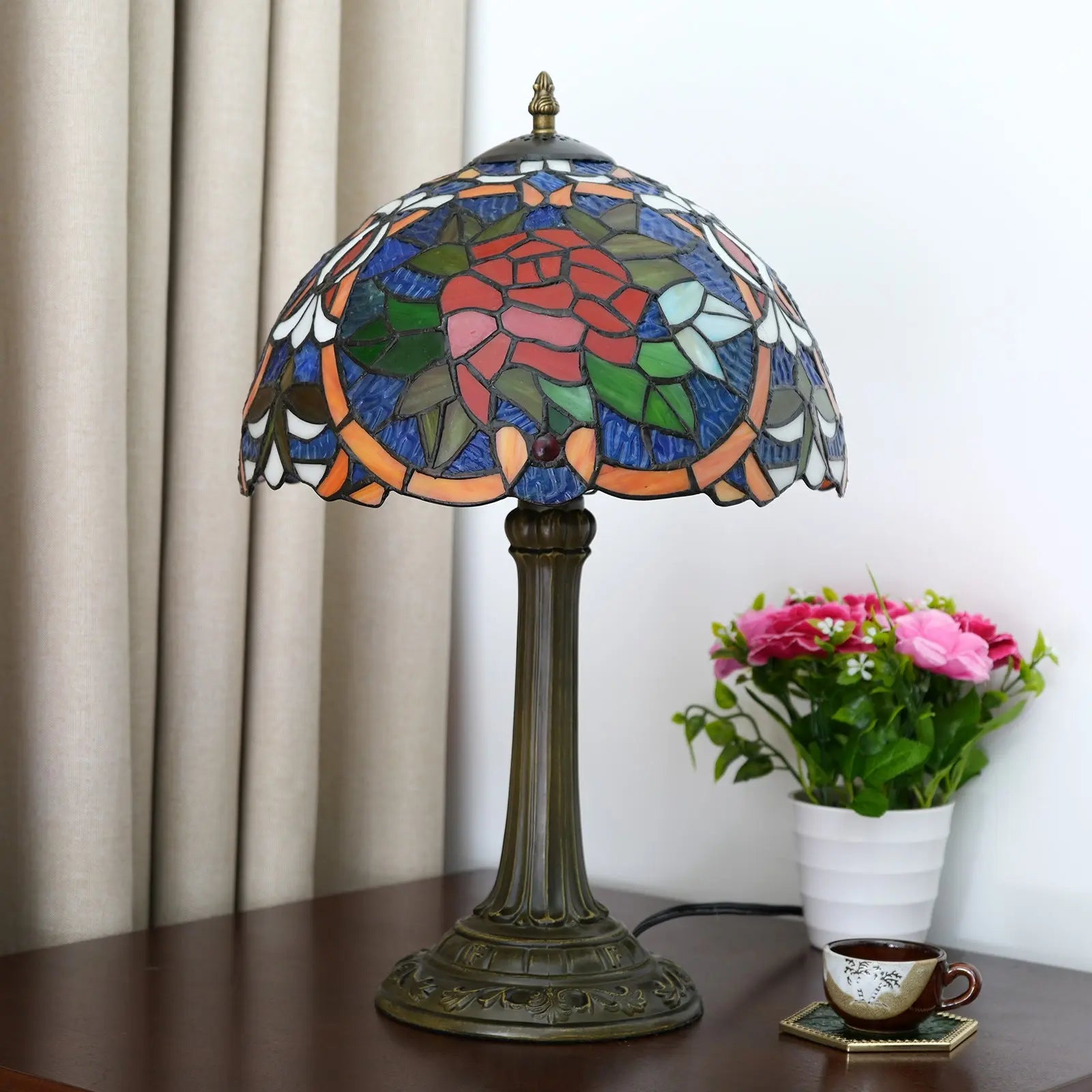 12inch Stained Glass Red Roses Lampshade Bedside Light Vintage Tiffany Style Desk Lamp - CTL