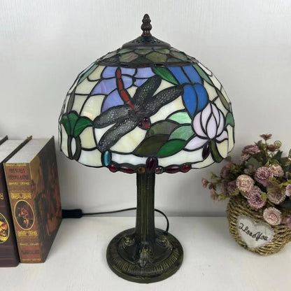 12inch Stained Glass Rose Dragonfly Lampshade Vintage Tiffany Glass Table Lamp - CTL