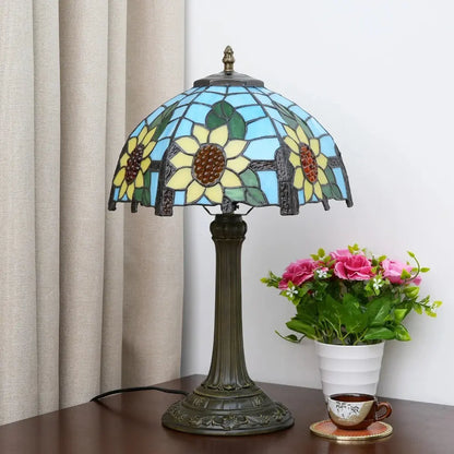 12inch Sunflower Tiffany Table Lamp Stained Glass Pastoral Lampshade Vintage Desk Light - CTL
