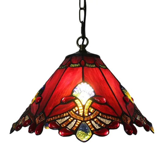 12inch Tiffany Hanging Light Stained Glass Red Umbrella Lampshade Vintage Pendant Lamp - CTL