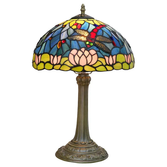 12inch Tiffany Stained Glass American Dragonfly Lotus Lampshade Vintage Table Lamp - CTL