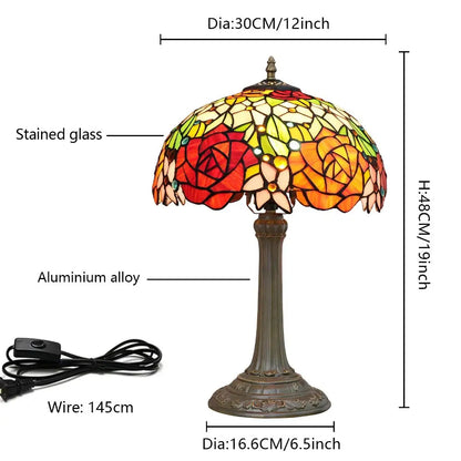 12inch Tiffany Stained Glass American Gorgeous Rose Lampshade Vintage Table Lamp - CTL