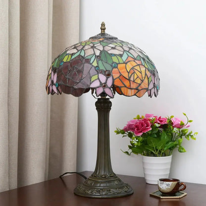 12inch Tiffany Stained Glass American Gorgeous Rose Lampshade Vintage Table Lamp - CTL