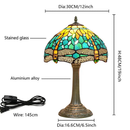 12inch Tiffany Lamp Dragonfly Antique Stained Glass Green Lampshade Desk Table Light - CTL