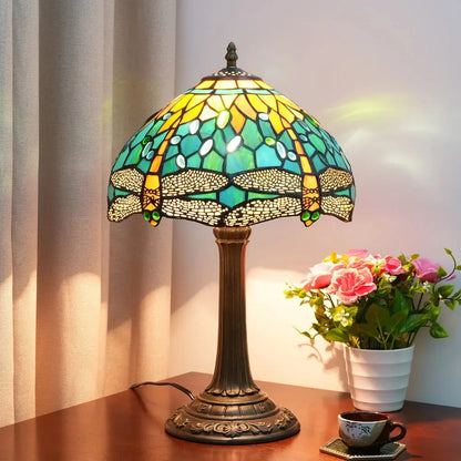 12inch Tiffany Lamp Dragonfly Antique Stained Glass Green Lampshade Desk Table Light - CTL